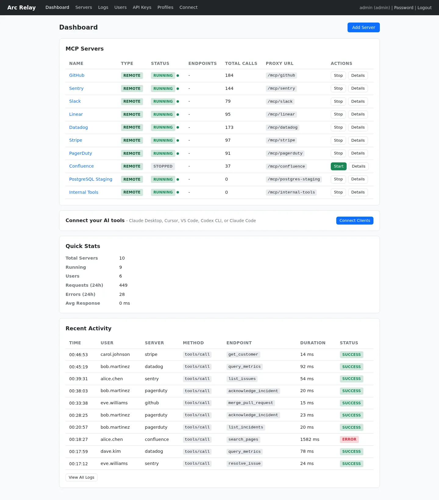 Arc Relay dashboard showing managed MCP servers