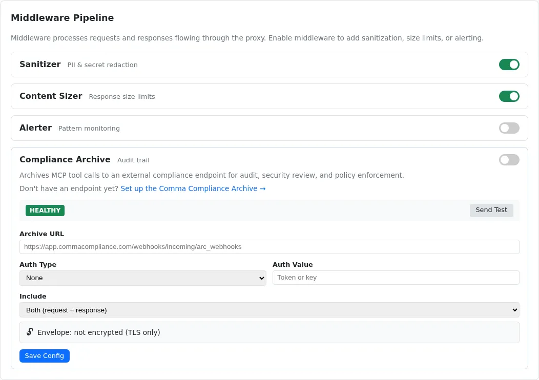 Middleware configuration for PII redaction, size limits, alerting, and archiving