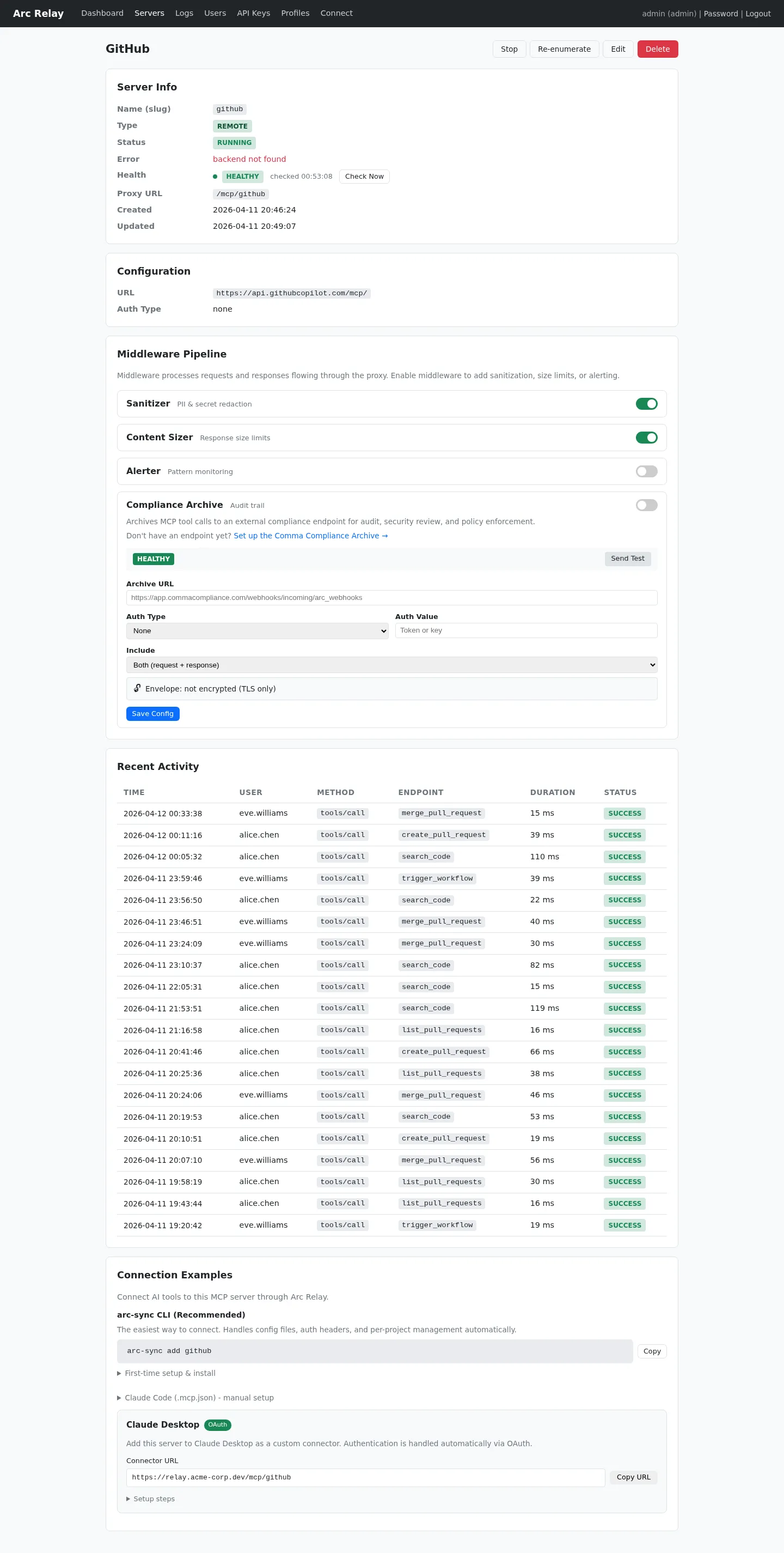 Server detail view with config and middleware